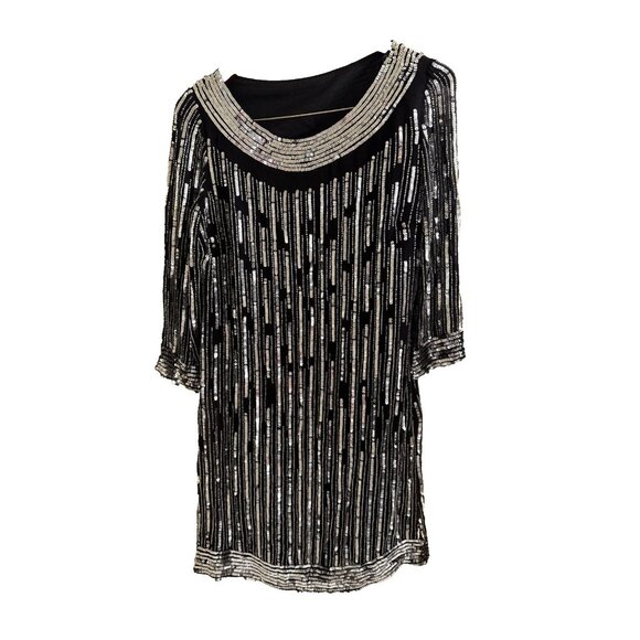 Flapper sequin 3/4 Sleeve, New Years Dress black &‎ sliver sparkly small Gatsby - Picture 1 of 12